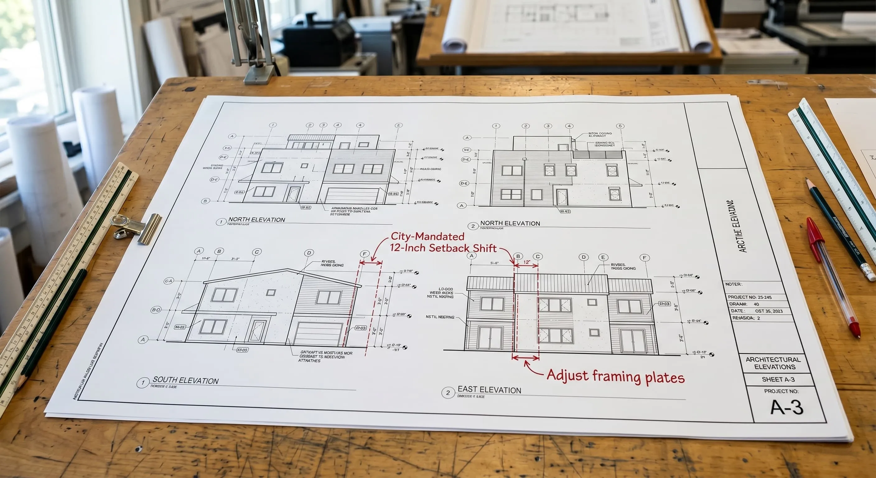 Architectural blueprint elevations with red drafting annotations showing city-mandated 12-inch second-floor wall setbacks on both sides