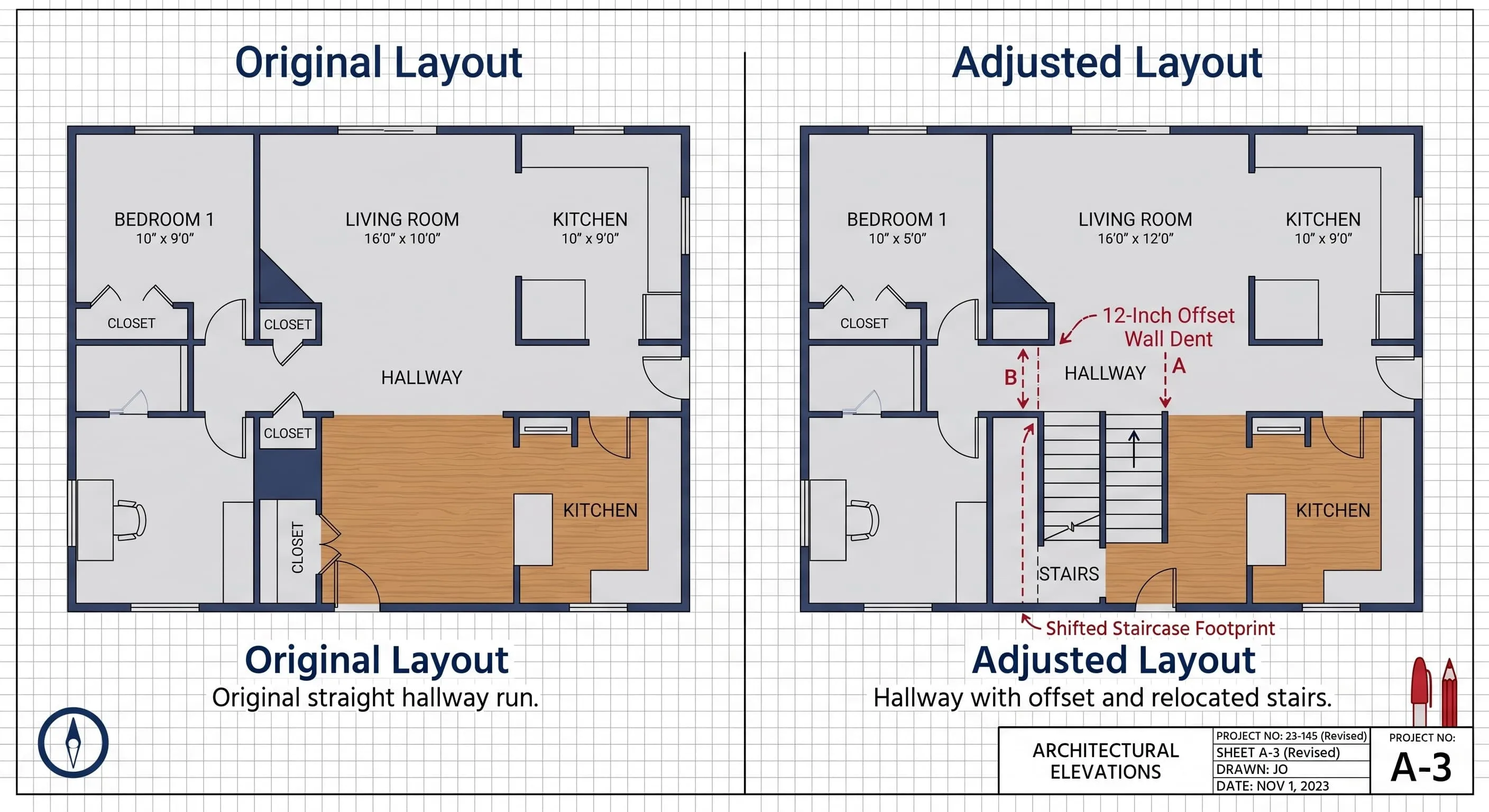 Side-by-side CAD floor plan comparison showing original flush hallway layout versus adjusted layout with a 12-inch offset wall and shifted staircase
