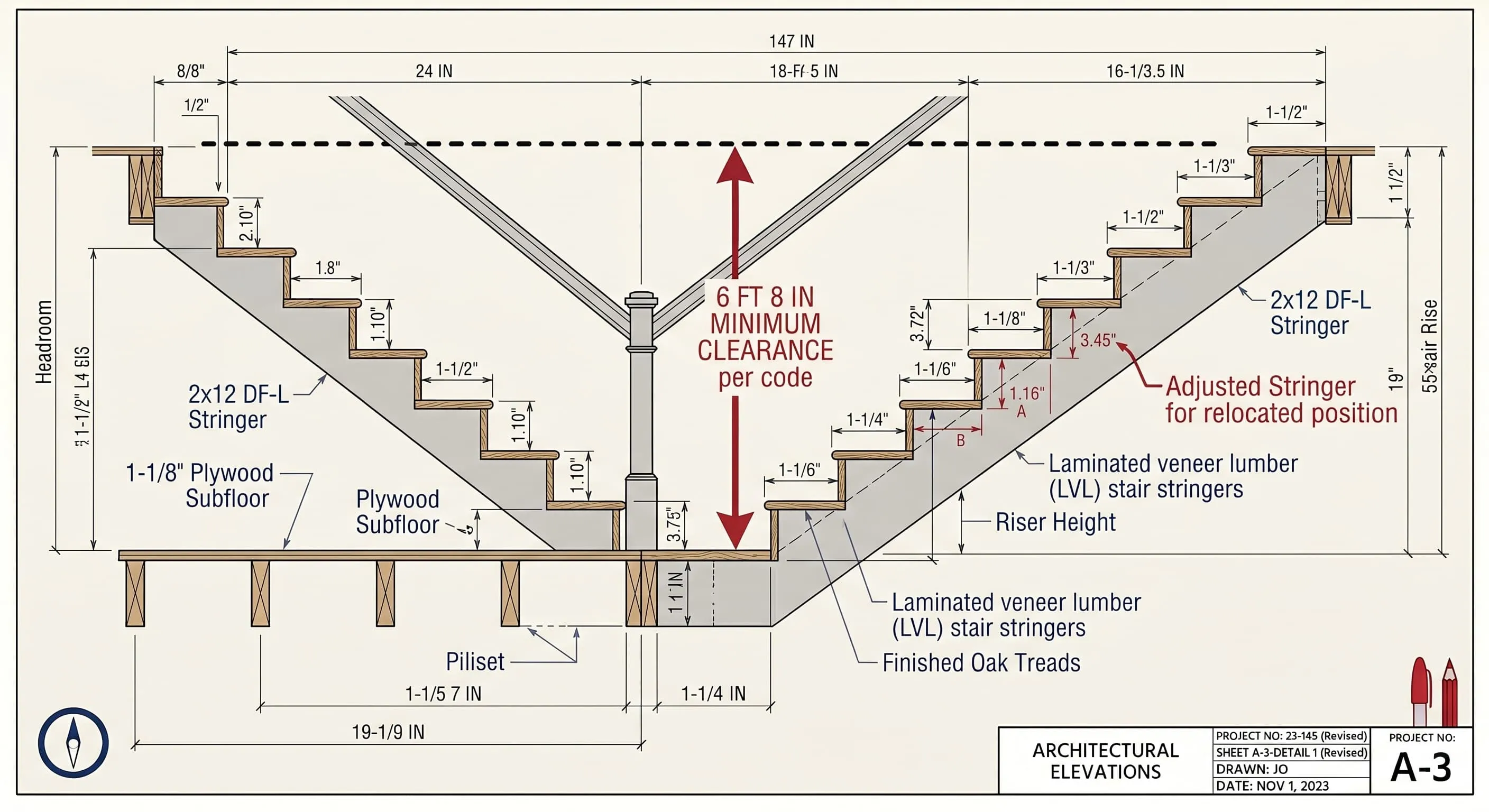 Technical CAD cross-section drawing of residential staircase framing showing dimension lines and 6-foot-8-inch minimum head clearance requirement per code