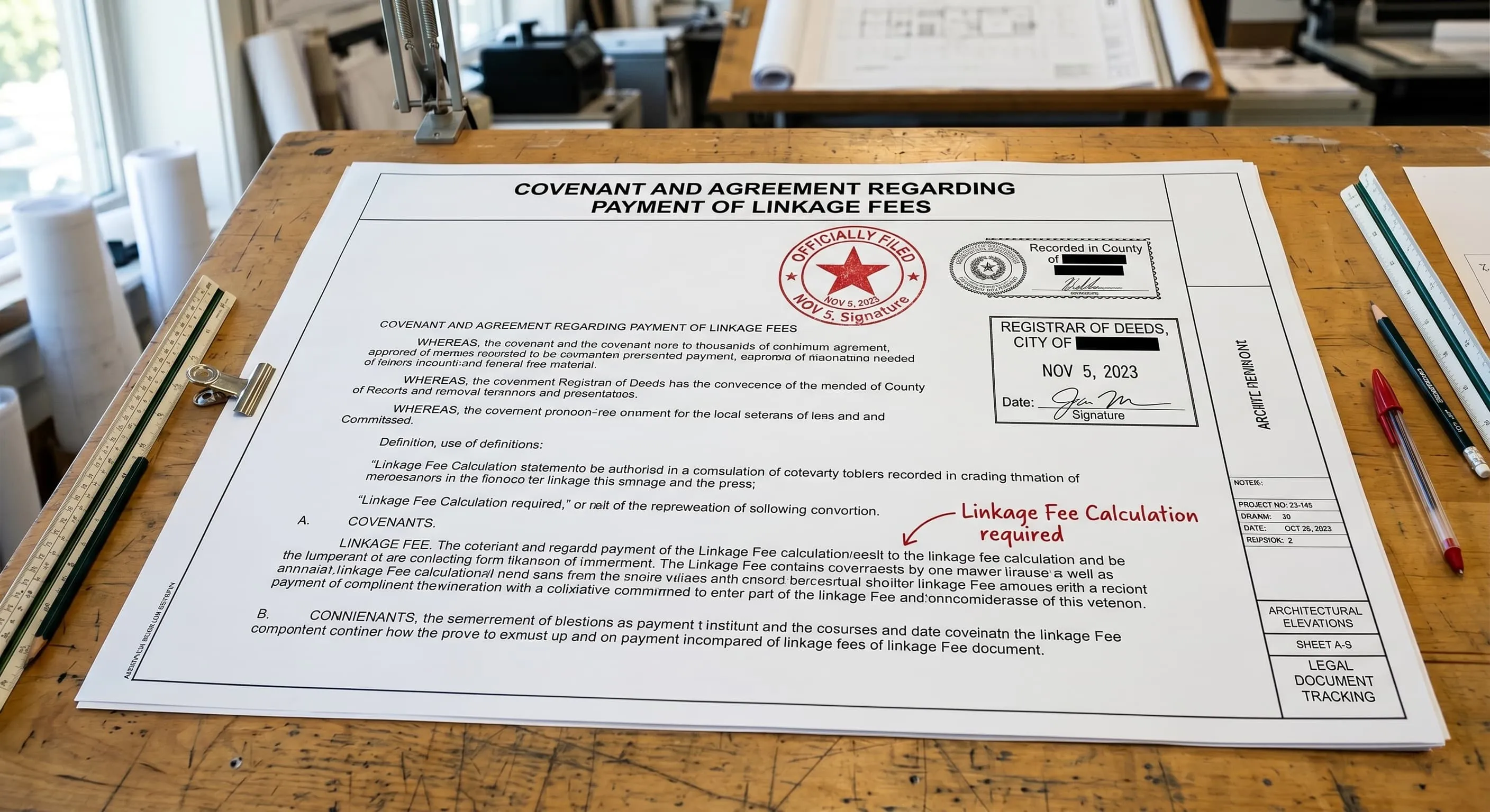 First page of a signed and notarized Covenant and Agreement document showing official county recorder stamps