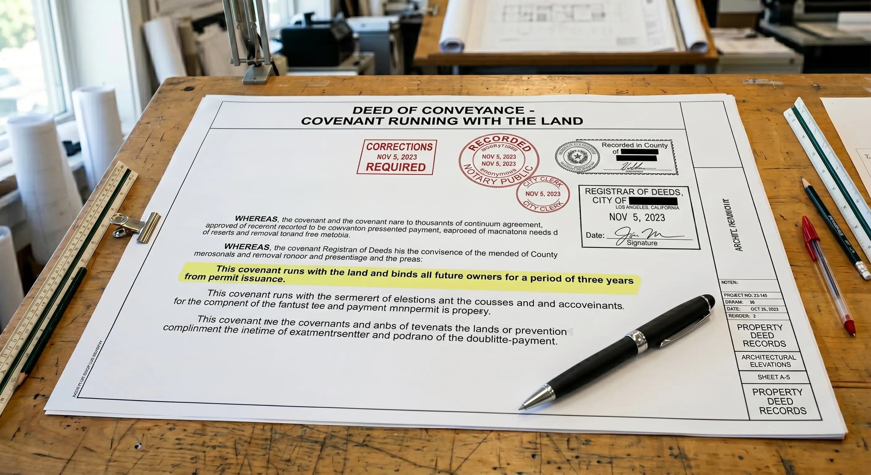 Property deed with a highlighted paragraph showing the covenant clause that runs with the land for three years from permit issuance