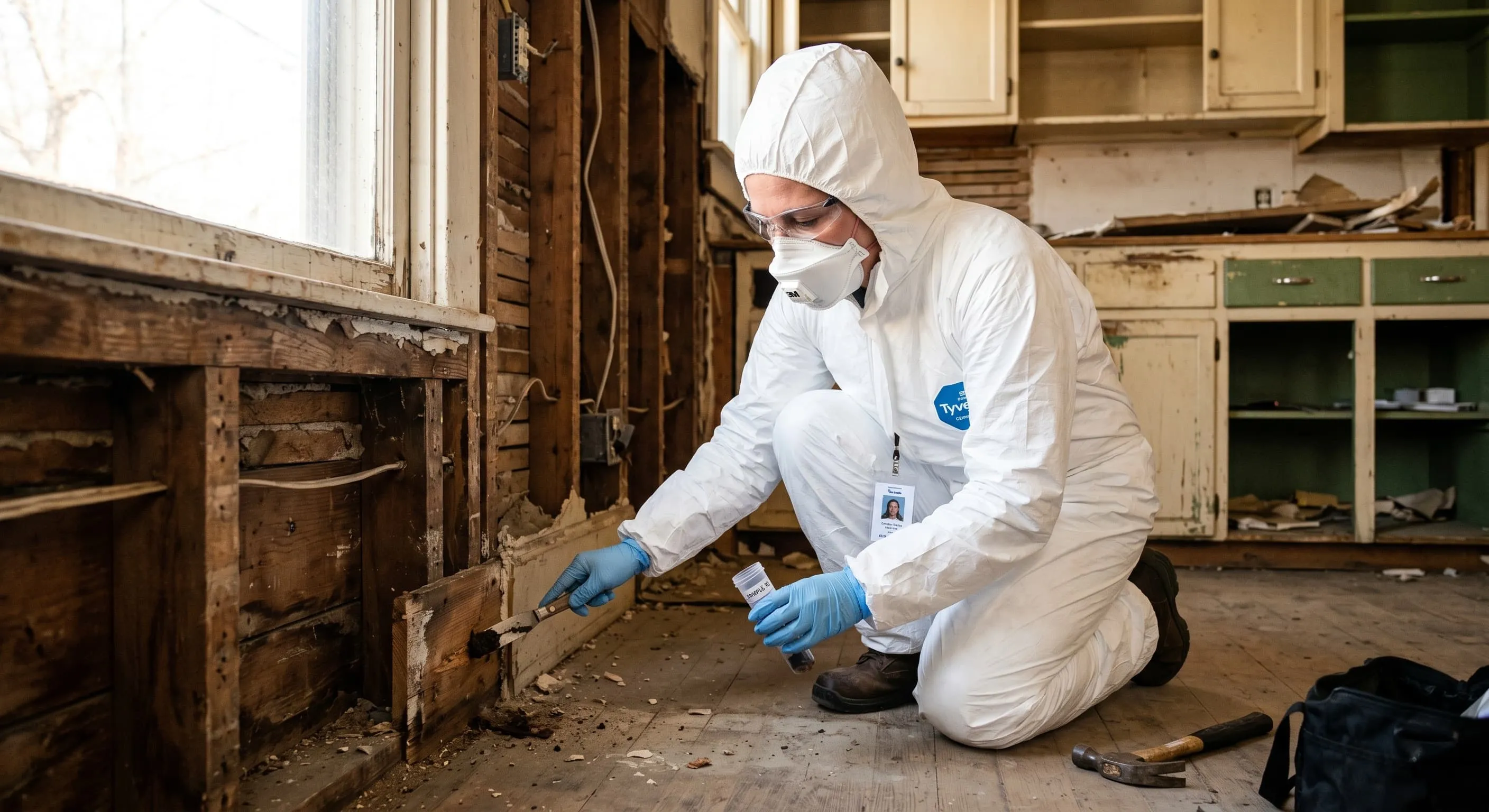 Environmental technician in Tyvek suit and respirator extracting plaster and flooring mastic samples at a wall baseboard