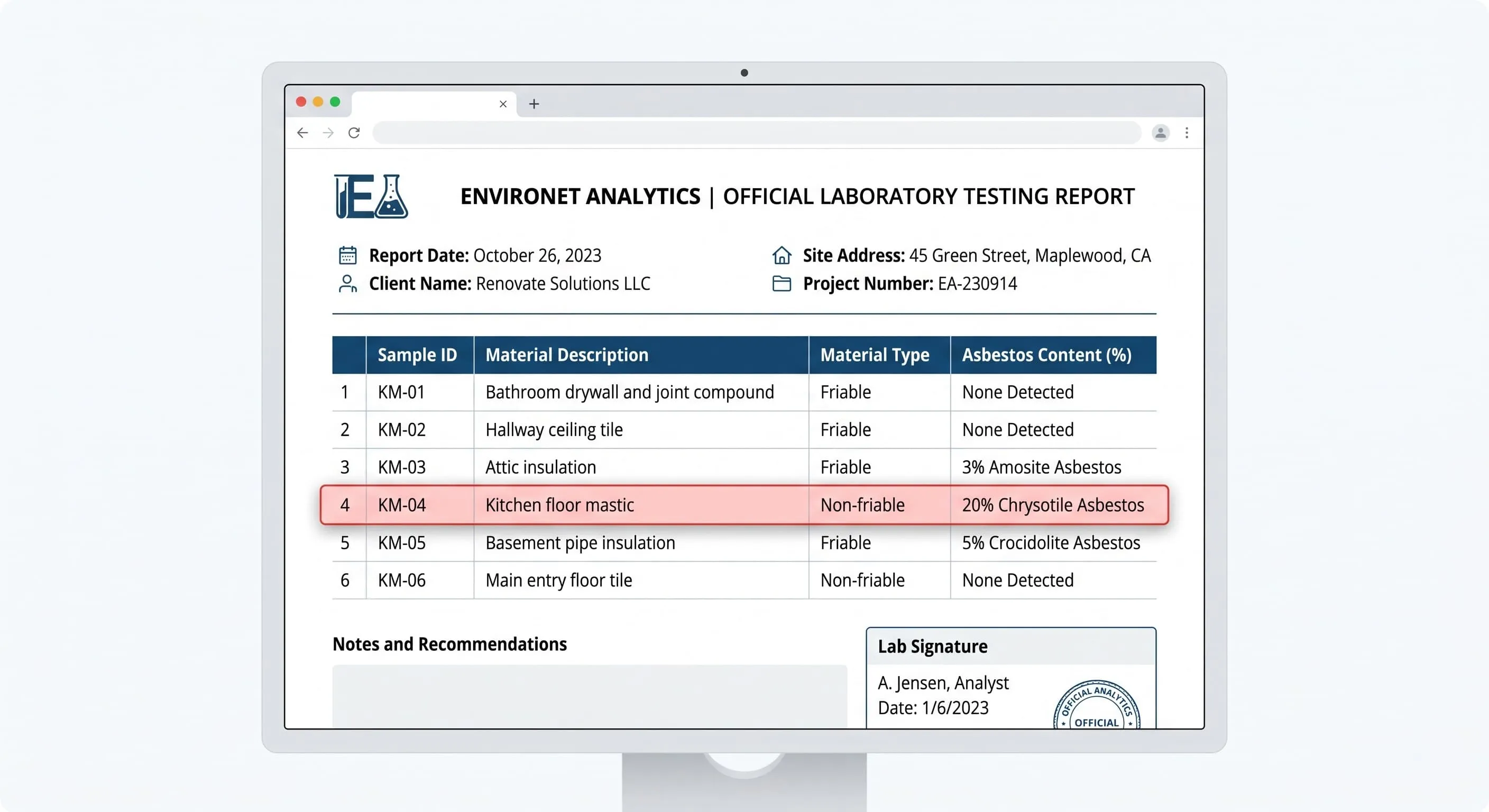 Environmental laboratory report showing kitchen floor mastic sample testing positive for 20% chrysotile asbestos