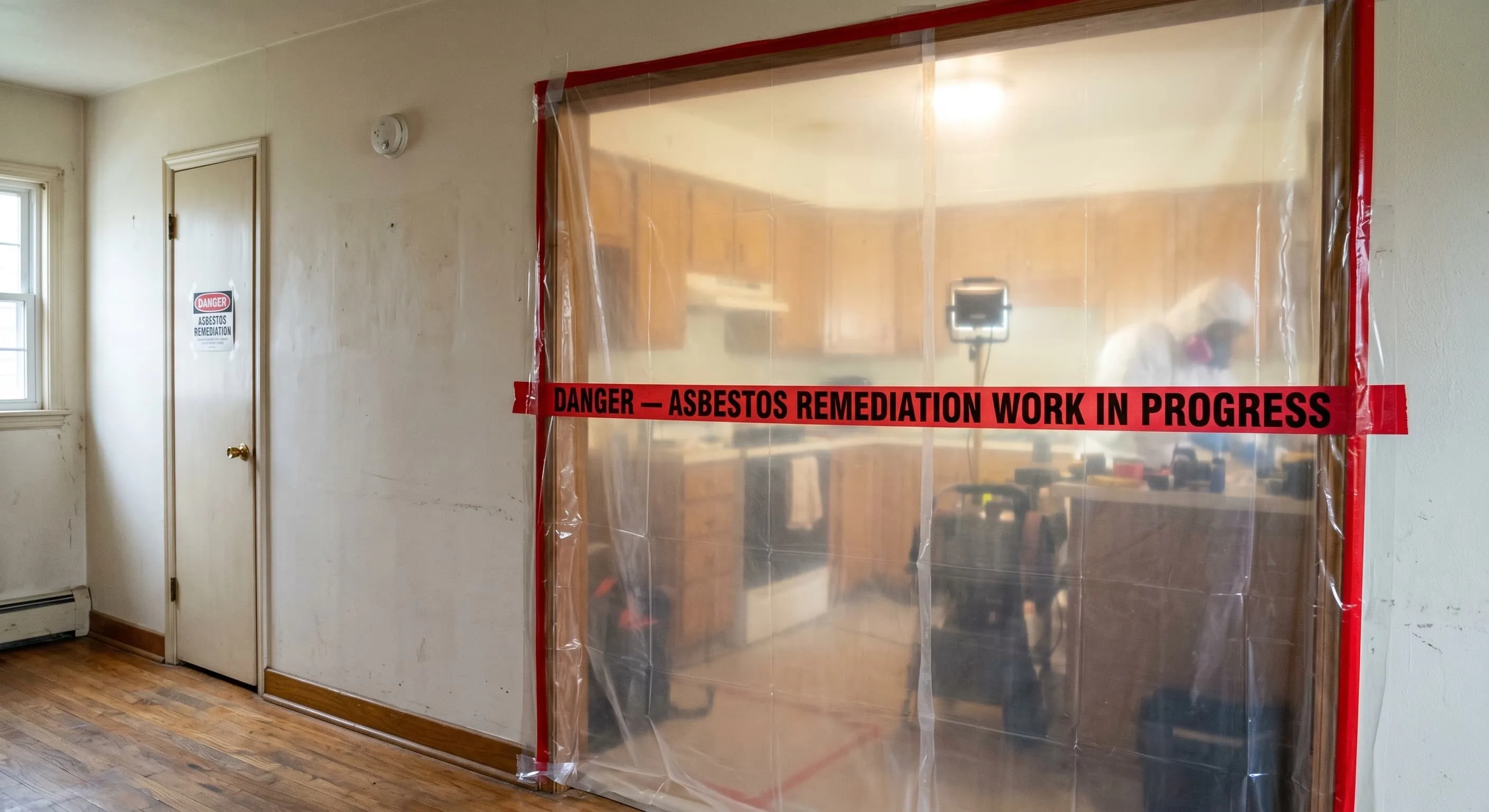 Sealed plastic containment barrier isolating the kitchen remediation zone from the rest of the house
