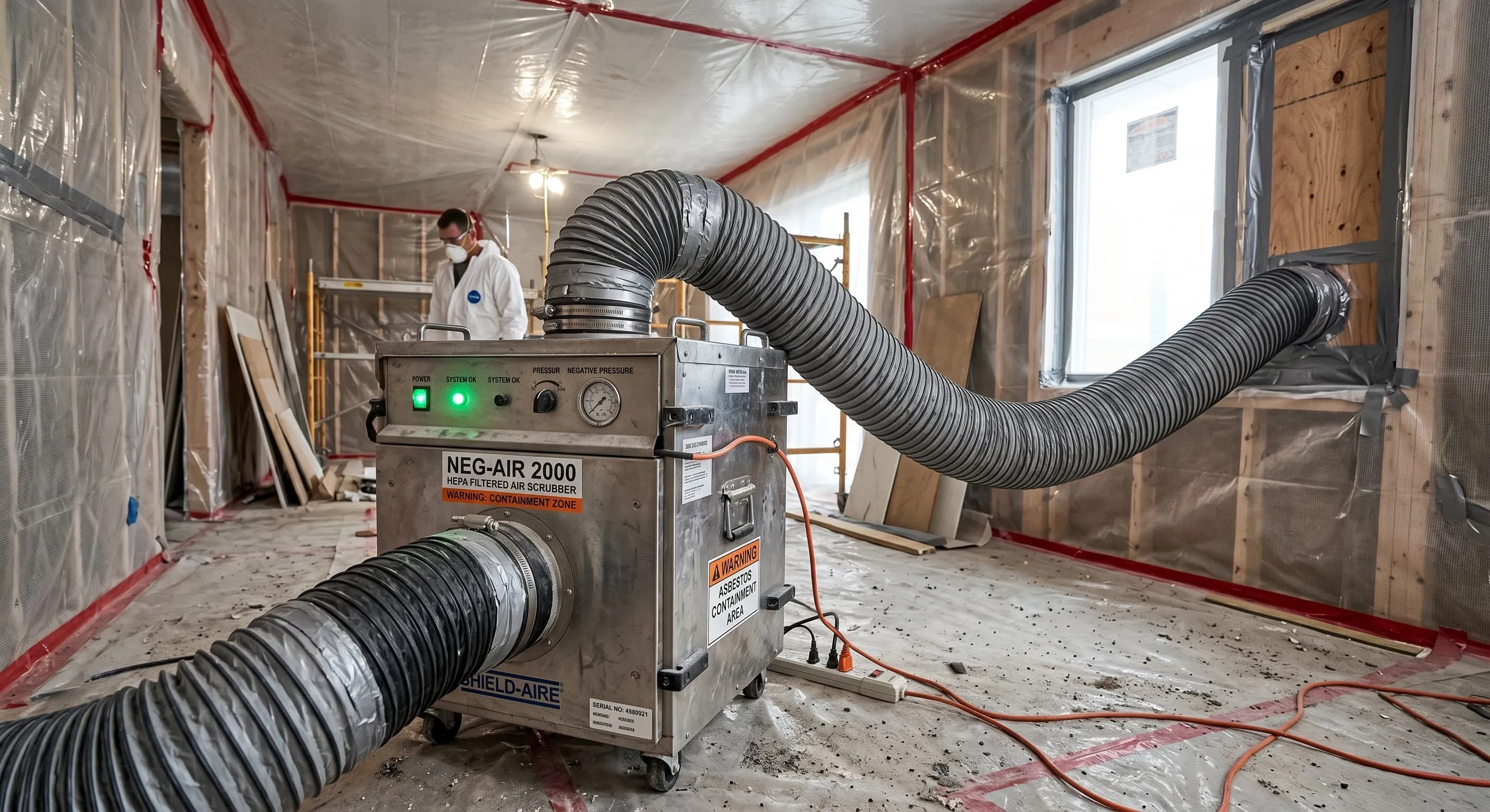 HEPA negative-pressure air scrubber operating inside the sealed remediation room