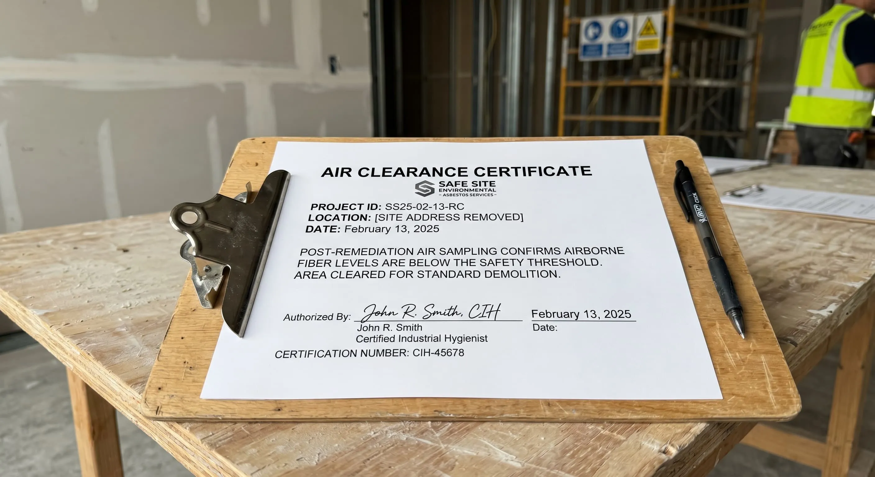 Signed Air Clearance Certificate confirming the home interior is free of airborne asbestos fibers