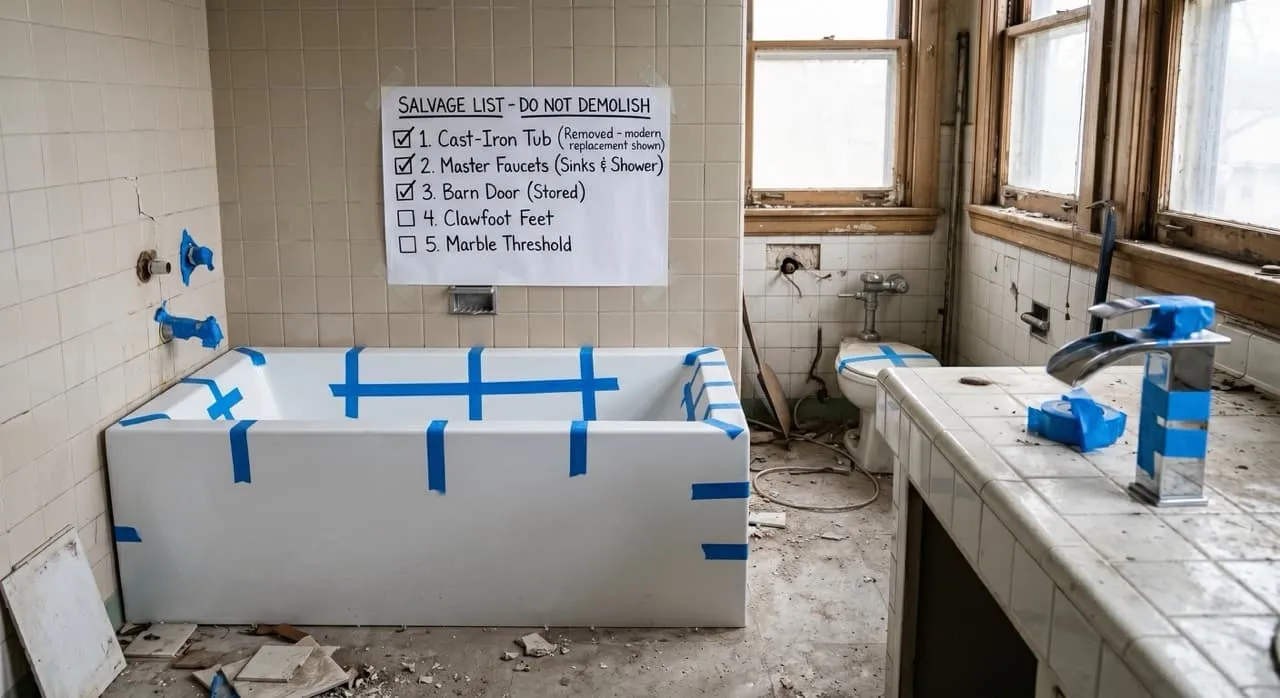 Pre-demolition bathroom with cast-iron tub and plumbing fixtures marked with blue painter's tape and a handwritten salvage checklist