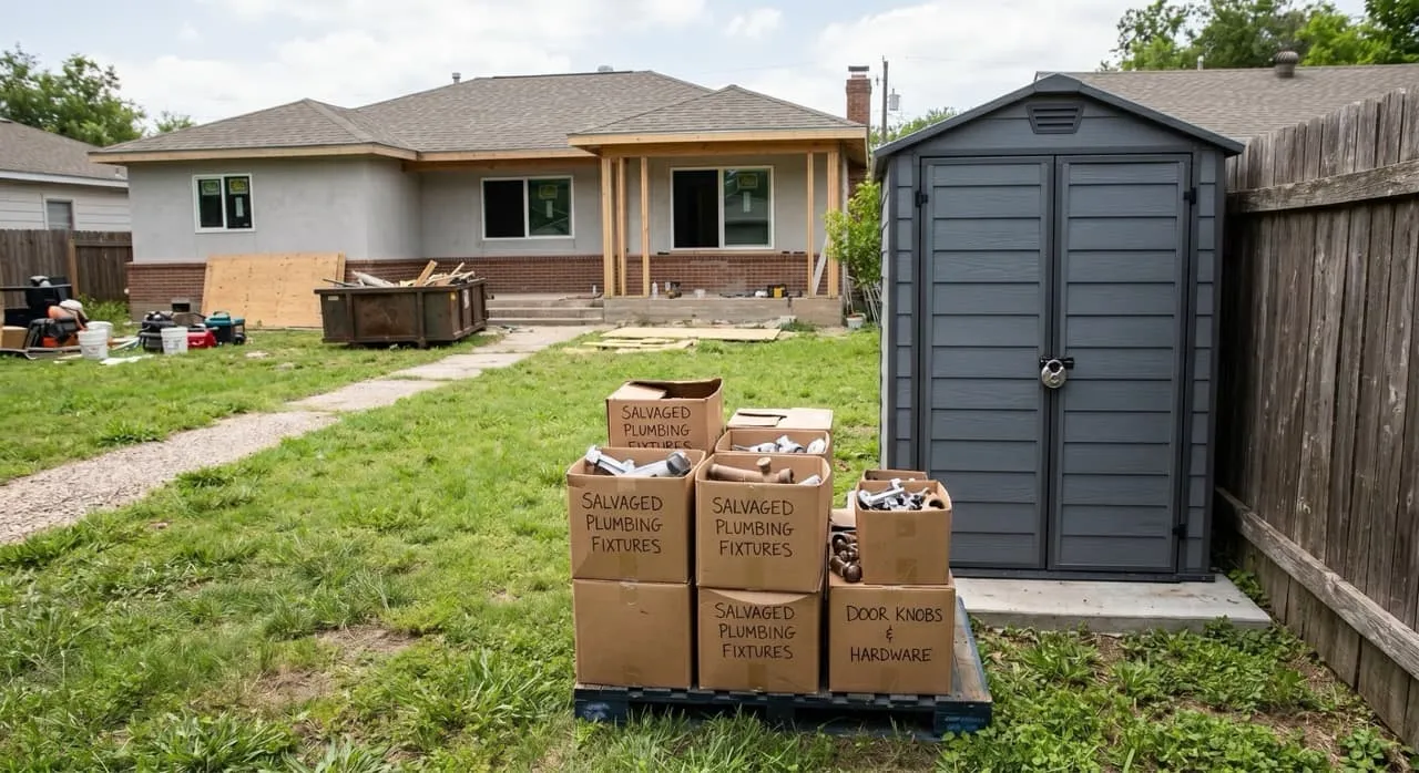 Locked backyard storage shed with labeled boxes of salvaged plumbing fixtures and door hardware stacked neatly outside
