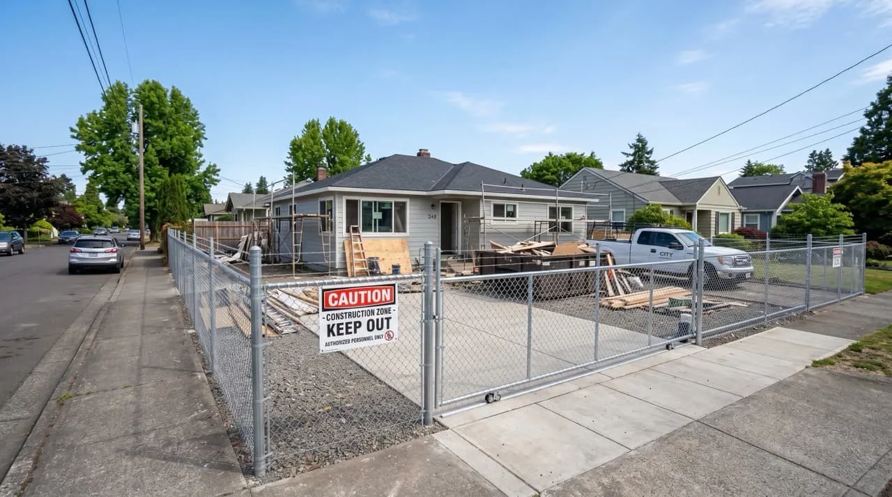 Wide-angle view of a suburban home enclosed by a newly installed 6-foot metal chain-link security fence with a locked rolling gate across the driveway