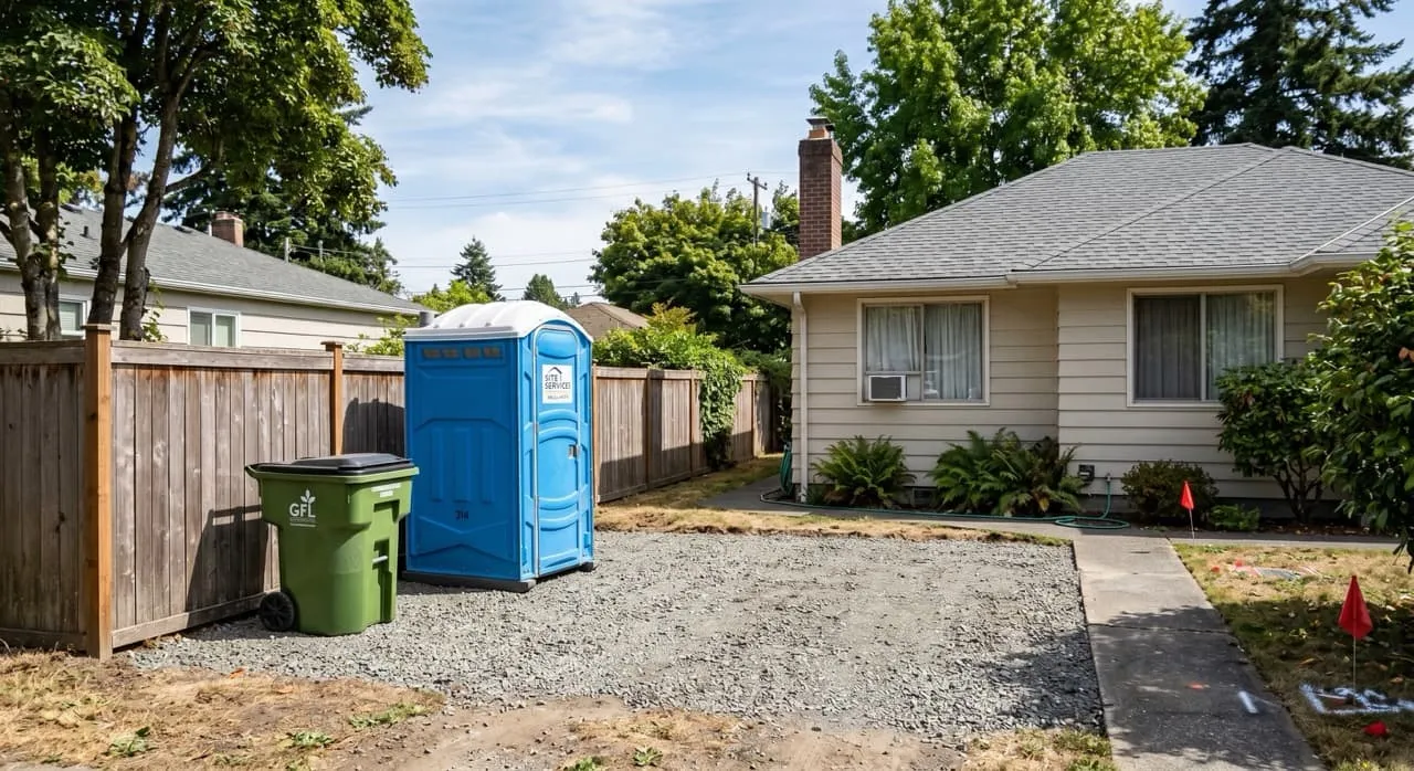 Temporary construction facilities including a portable toilet and waste bin positioned neatly along the side yard boundary fence