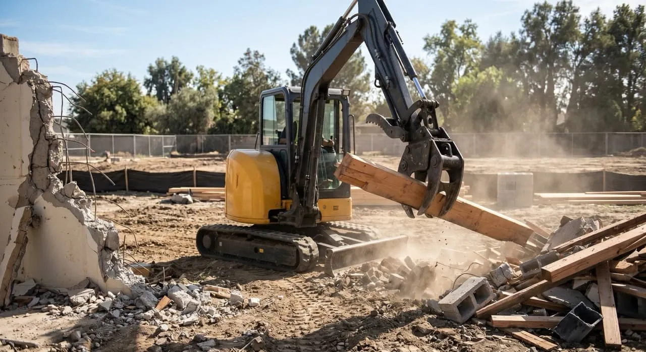 A compact tracked excavator sorting structural lumber and concrete debris on a residential demolition site