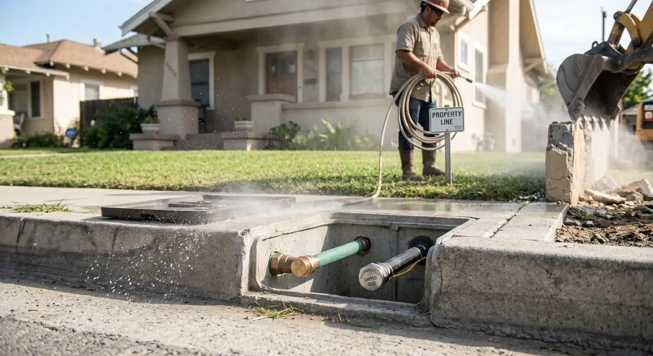 A construction worker spraying a high-pressure water mist over active demolition debris for dust suppression