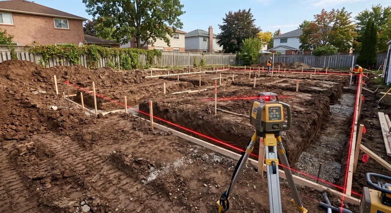 Structural footing trenches excavated into soil with red laser level alignment lines visible on stakes