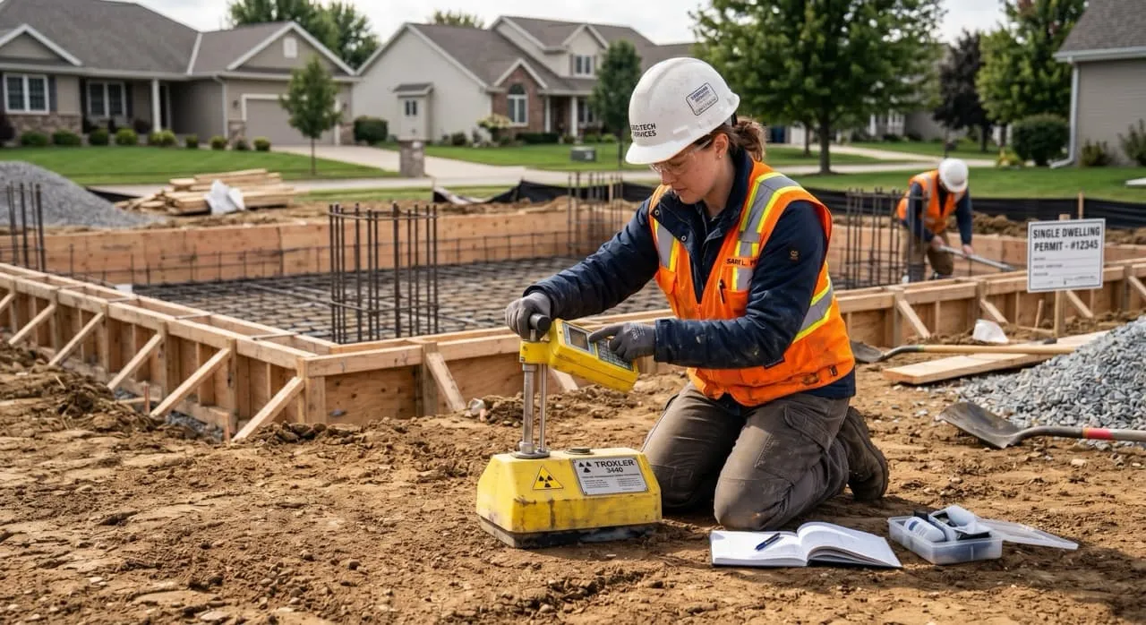 Licensed soils engineer kneeling on compacted dirt subgrade using a nuclear density gauge to verify compaction percentage
