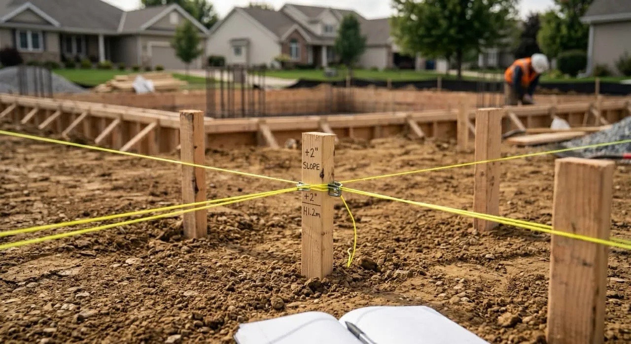 Wooden grade stakes with taut yellow leveling strings defining the slope and height boundaries for the concrete foundation slab