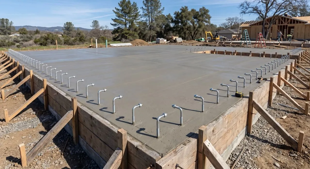 Freshly poured concrete foundation slab with smooth surface and evenly spaced L-shaped steel anchor bolts rising from the perimeter edge
