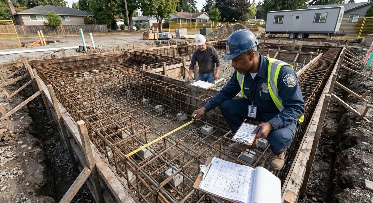 Municipal building inspector on site checking rebar spacing and footing clearances inside a foundation trench before signing the footing approval card