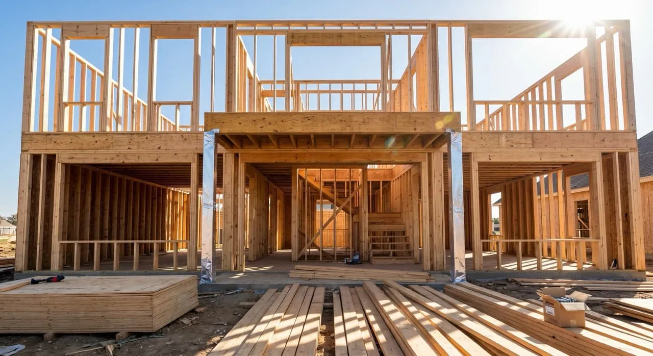 Wide-angle view of an open two-story wood frame showing first-floor stud walls, second-story floor joists, and roof rafters against a clear sky