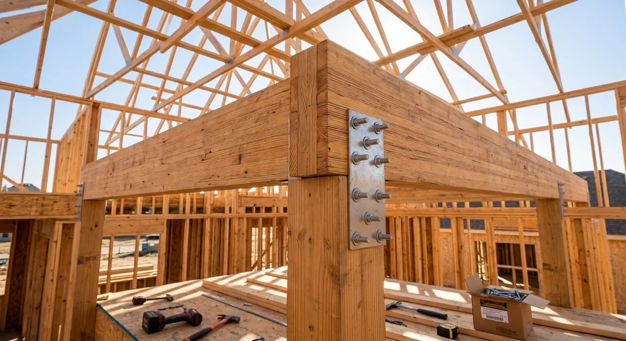 Close-up of a massive engineered GLU or LVL beam spanning an open ceiling frame, supported by thick columns and secured with heavy-duty metal connector brackets and bolts