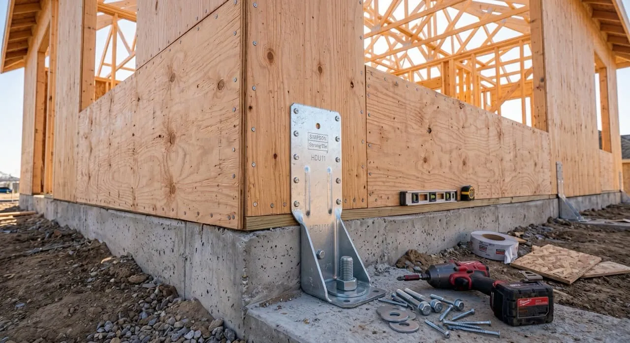 Exterior wall section sheathed in structural plywood with a tight nail pattern along the borders and a steel seismic hold-down bracket bolted into the concrete foundation