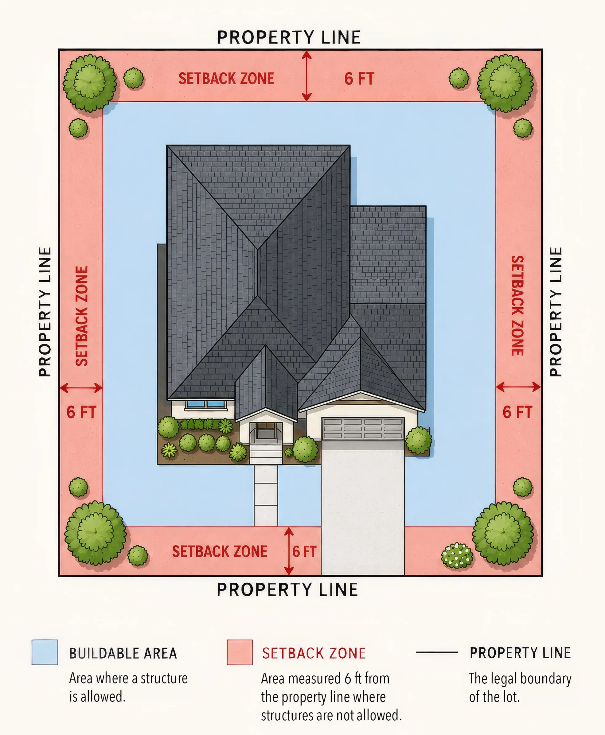 Site plan diagram highlighting regional setback rules and maximum lot coverage boundaries