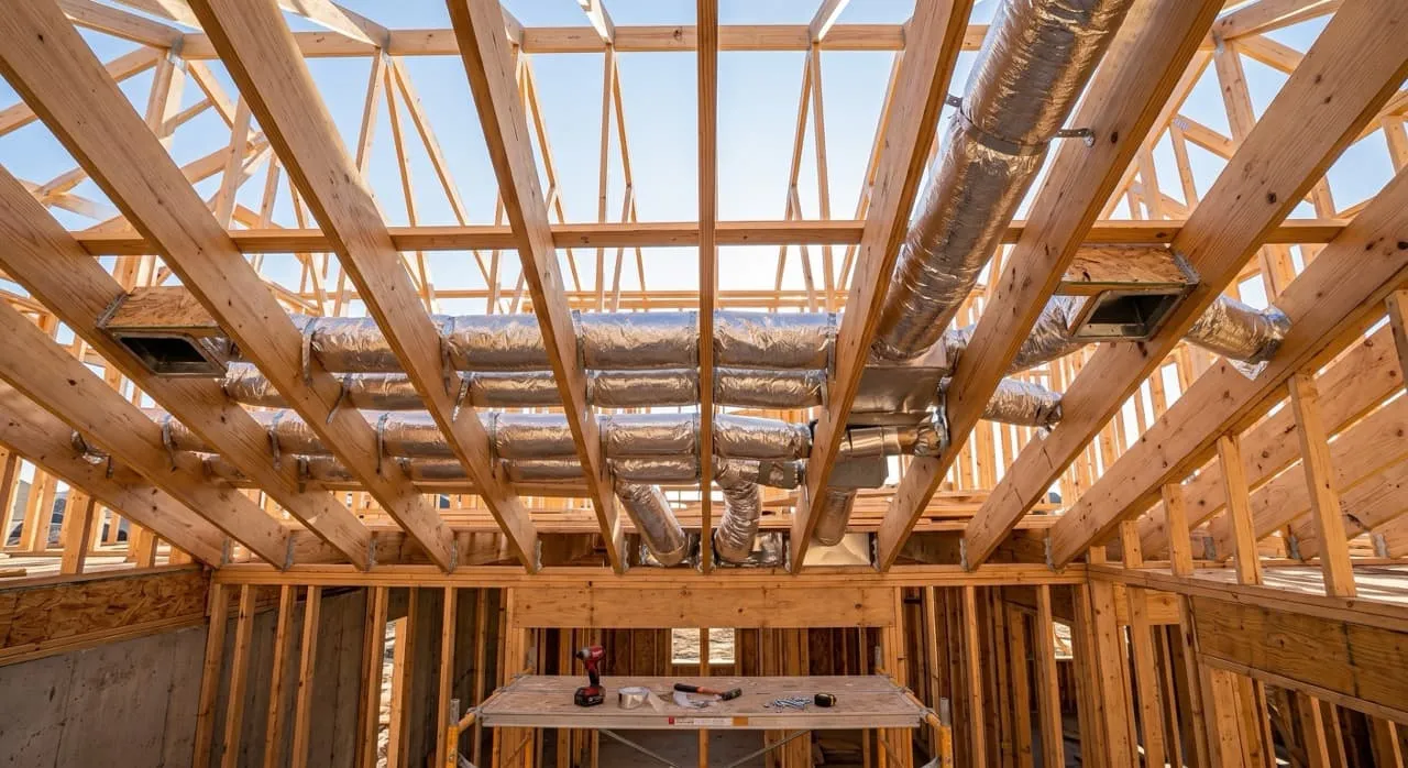 Silver insulated HVAC ducts routed neatly through floor joist bays during the mechanical rough-in phase