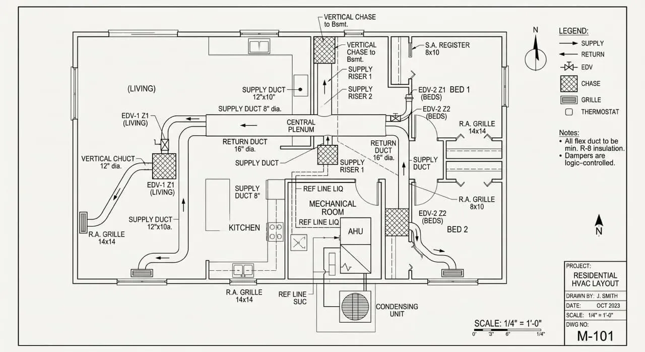 Technical HVAC schematic showing trunk duct paths, vertical chases, and electronic damper locations