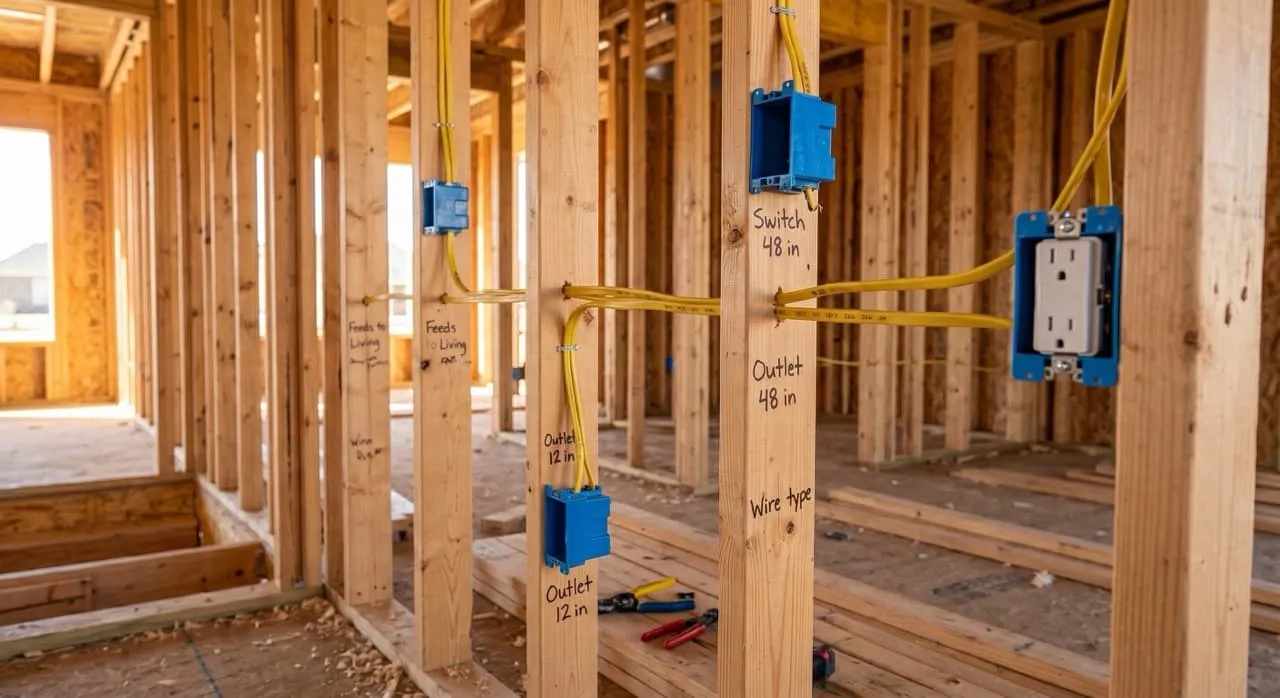 Open wood wall framing studs with blue plastic electrical outlet boxes mounted and hand-drawn layout notes written directly on the wood