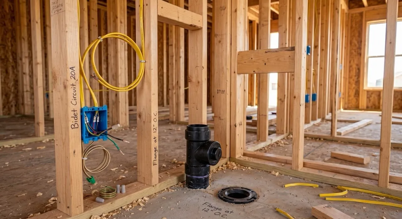 Bathroom wall frame with rough-in plumbing drain next to a blue plastic electrical outlet box prepped for a bidet seat connection