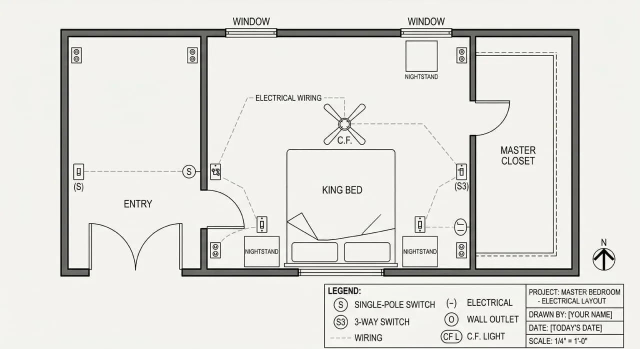 2D electrical blueprint of a master bedroom showing wiring paths for 3-way switches positioned at the room entrance and beside the nightstands