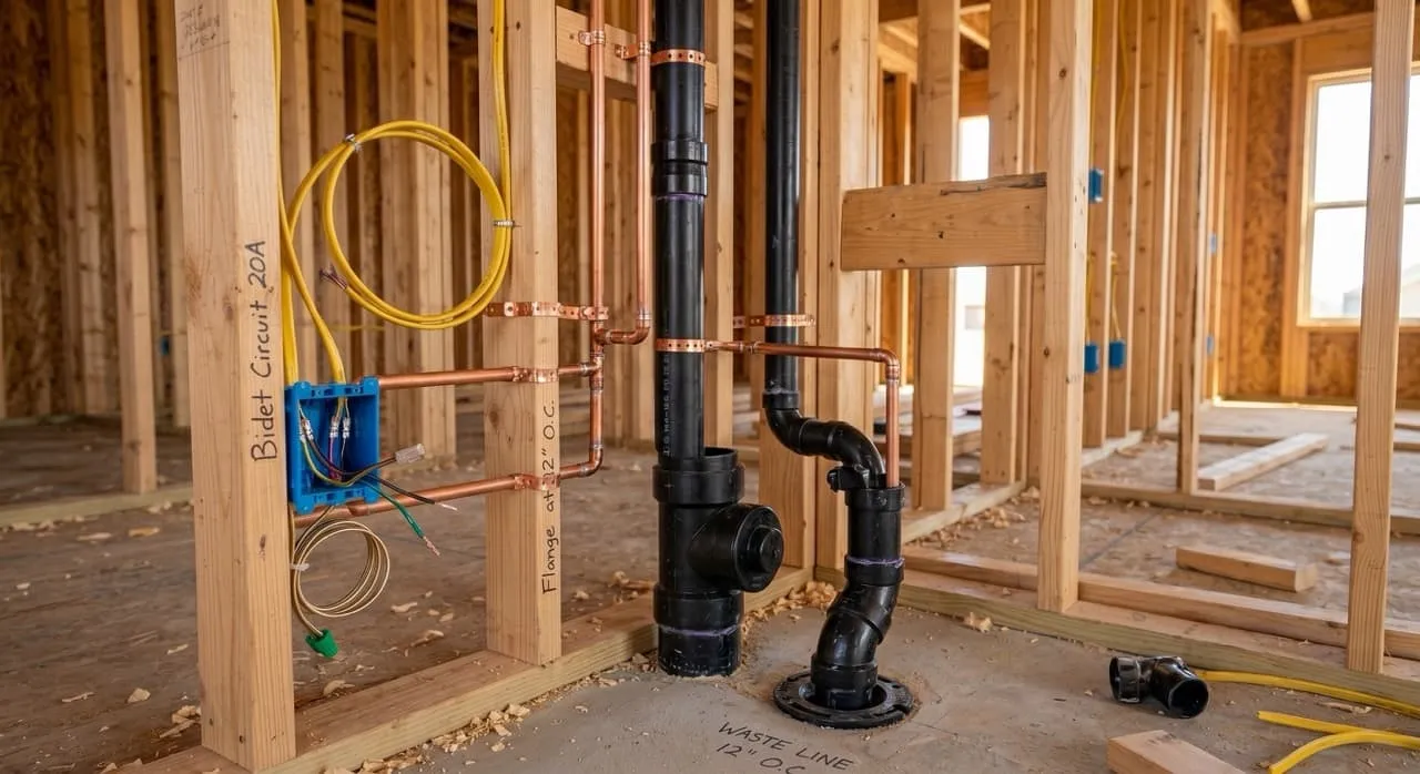 Type L copper water supply lines and black ABS drain pipes routed through open wood wall studs, with professional solder joints and pipe straps