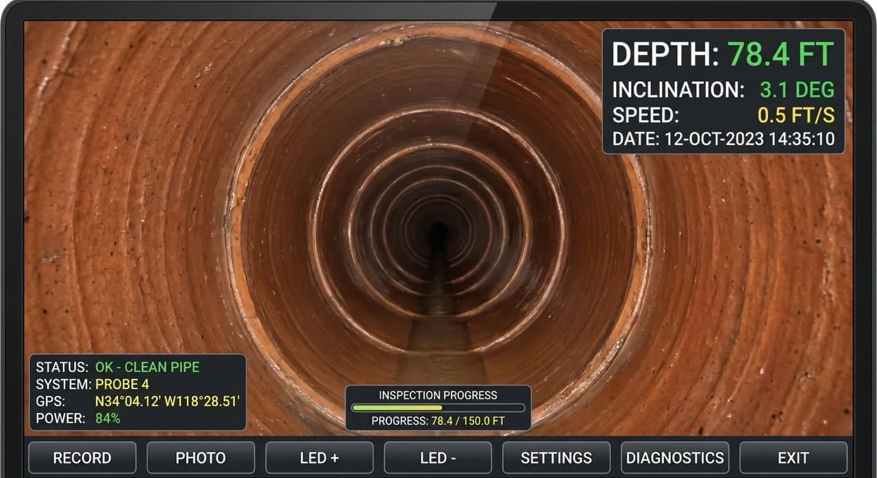 Sewer camera inspection monitor displaying the interior of an underground clay sewer pipe with depth readout overlay