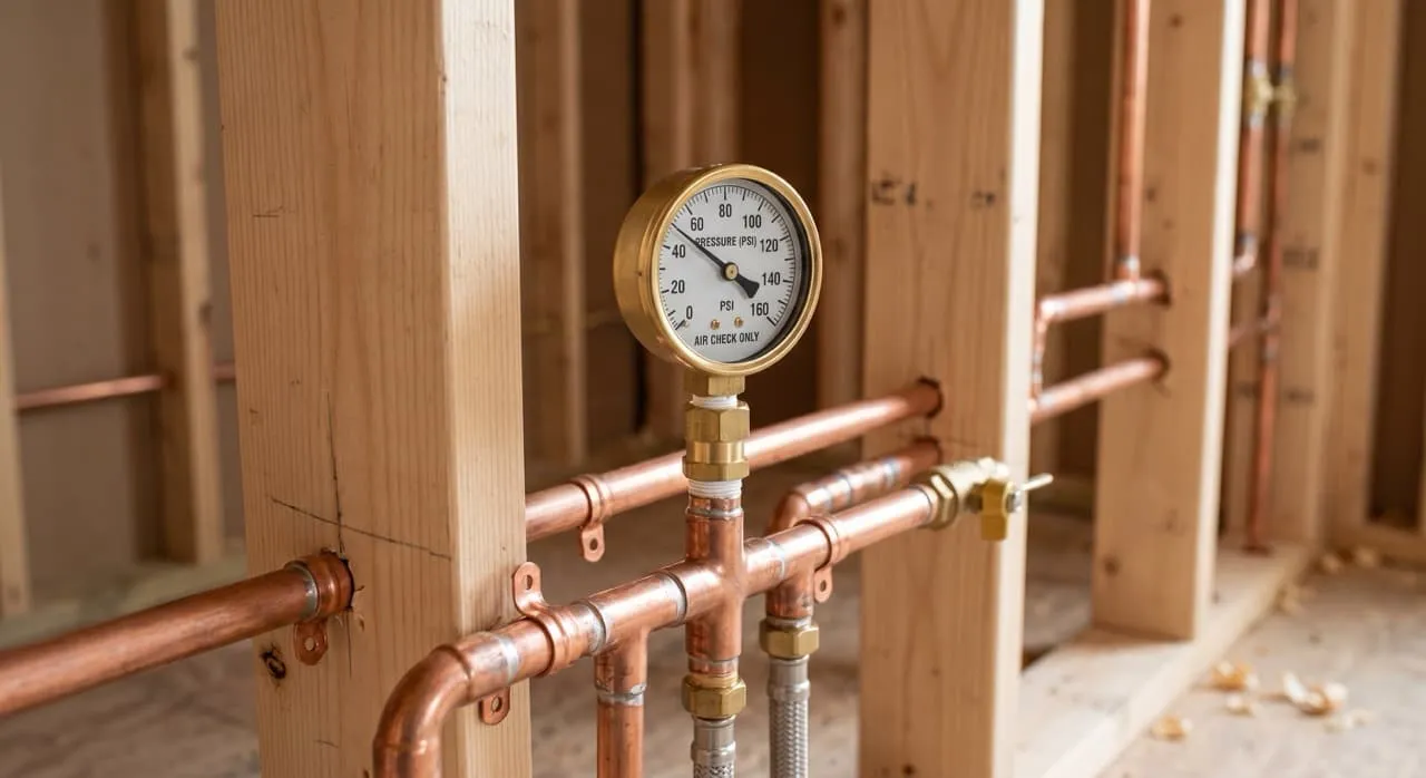 Brass air pressure gauge connected to a copper supply manifold holding steady at 60 PSI inside an open wall frame, confirming a leak-free plumbing system
