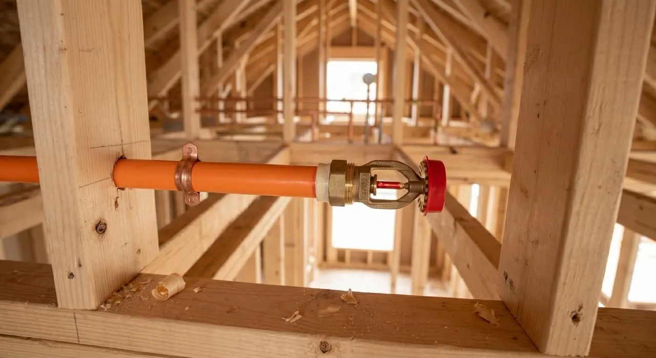 Orange CPVC fire sprinkler pipe with a brass sprinkler head suspended in open ceiling framing before drywall