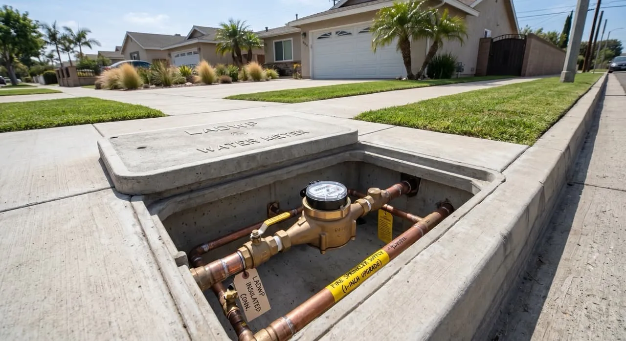 Upgraded 1-inch municipal water meter installed in a concrete utility box at the front curb parkway