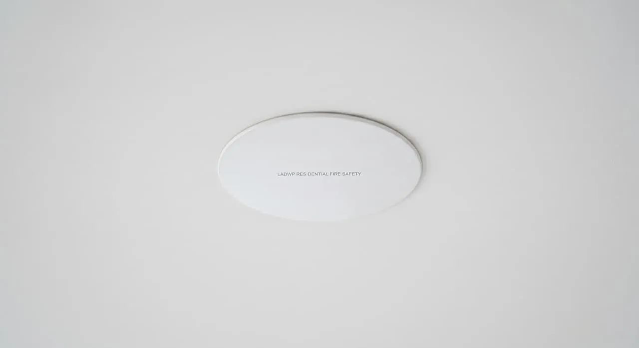 Completed flat white recessed fire sprinkler cover plate flush-mounted on a finished ceiling