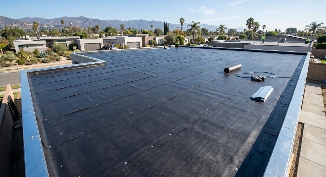 Roof deck covered in overlapping rows of black 30 LBS tar paper underlayment with metal drip edge flashing installed along the perimeter