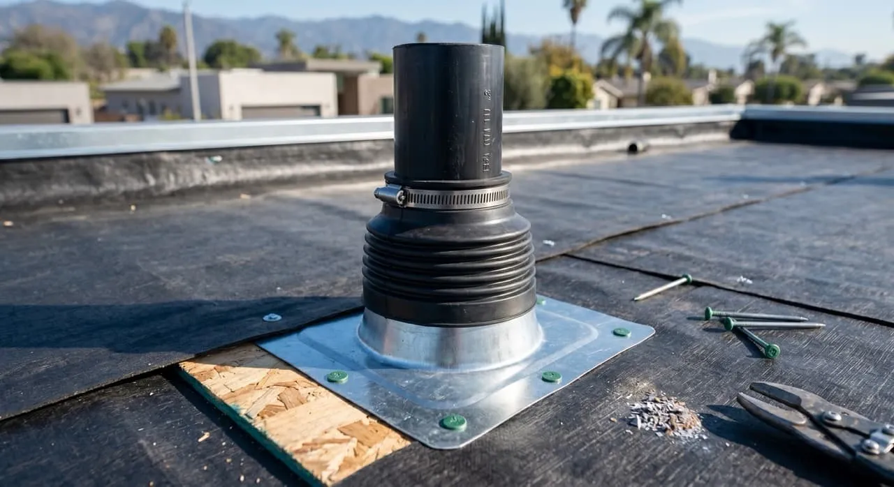 Close-up of a rubber pipe boot and metal flashing sealing a black ABS plumbing vent pipe through the roof deck