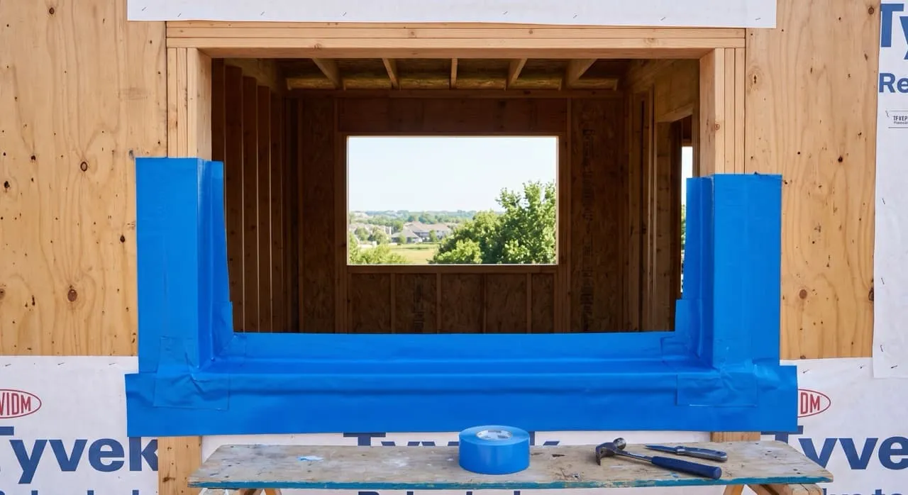 Framed rough window opening with blue self-adhesive waterproof flashing membrane wrapped neatly around the wood sill and jambs
