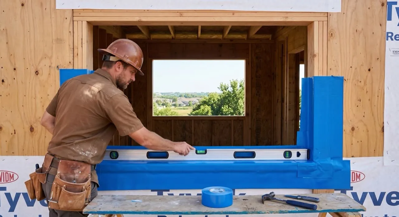 Framing carpenter using a long aluminum level to verify a horizontal window sill plate is perfectly level before flashing is applied