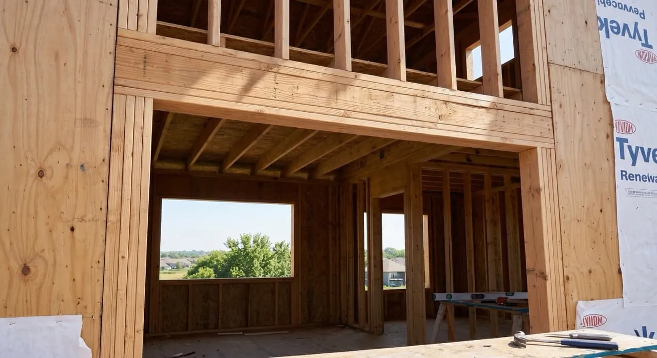 Wide living room window rough opening with a massive structural wood header spanning the top, supported by jack studs to distribute vertical loads