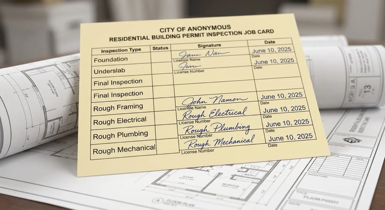 Official city job card showing signed-off boxes for structural framing, electrical, plumbing, and mechanical rough inspections dated June 10, 2025