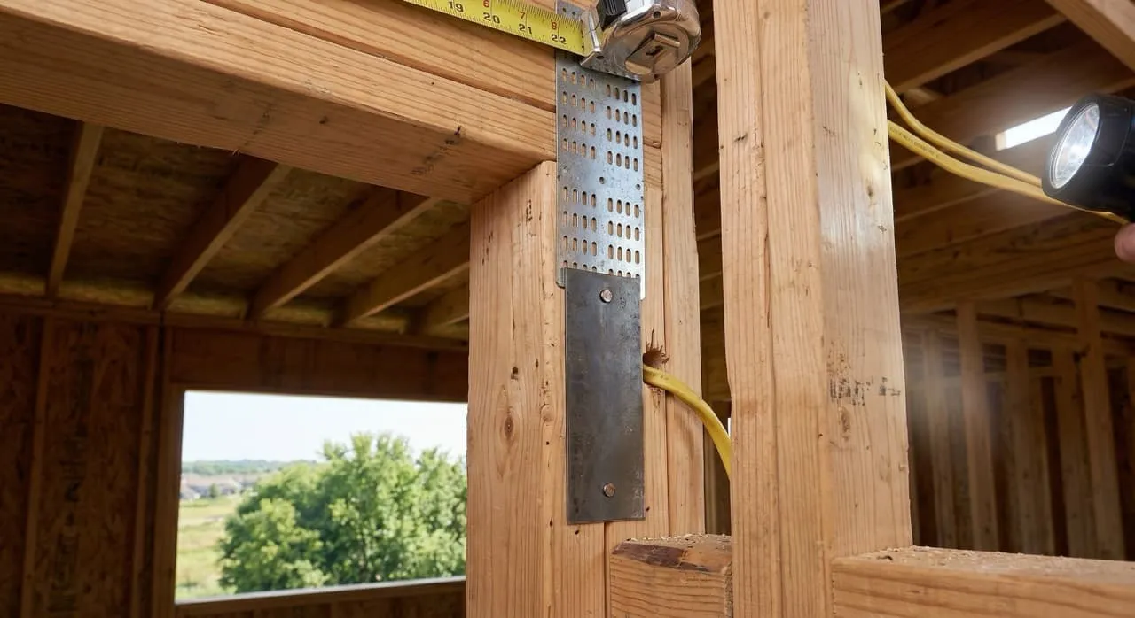 Municipal building inspector on site verifying structural strap connections and framing details before signing off