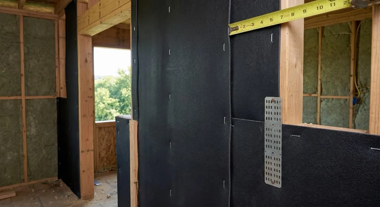Heavy black Mass-Loaded Vinyl sheets stapled over wood framing studs before drywall is hung