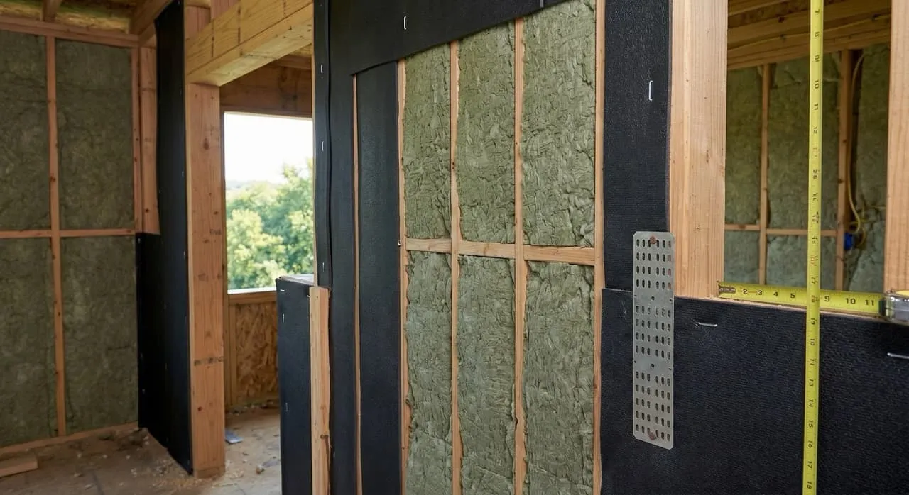 Dense green-grey Rockwool sound-insulation batts packed tightly inside interior wall cavities