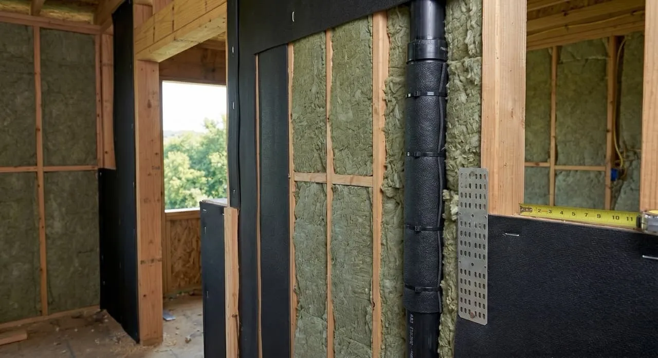 ABS drain pipe wrapped tightly in black MLV and surrounded by Rockwool insulation inside a wall cavity