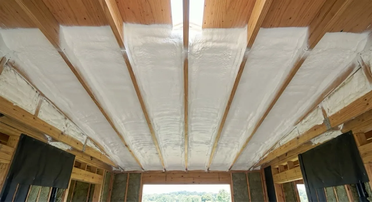 Closed-cell spray foam freshly applied to the underside of an unvented roof deck, completely sealing the wood sheathing between structural rafters