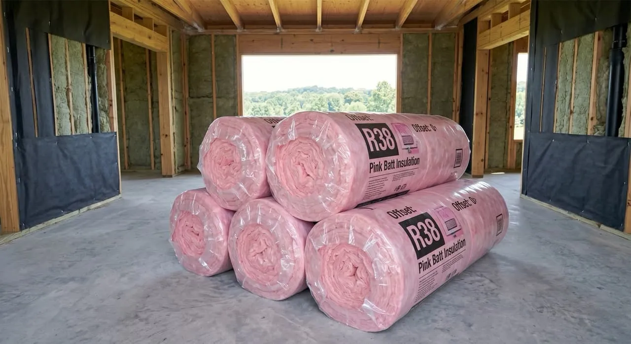 Unused rolls of R38 fiberglass batt insulation in plastic packaging stacked on a concrete floor, replaced by the inspector-mandated spray foam upgrade