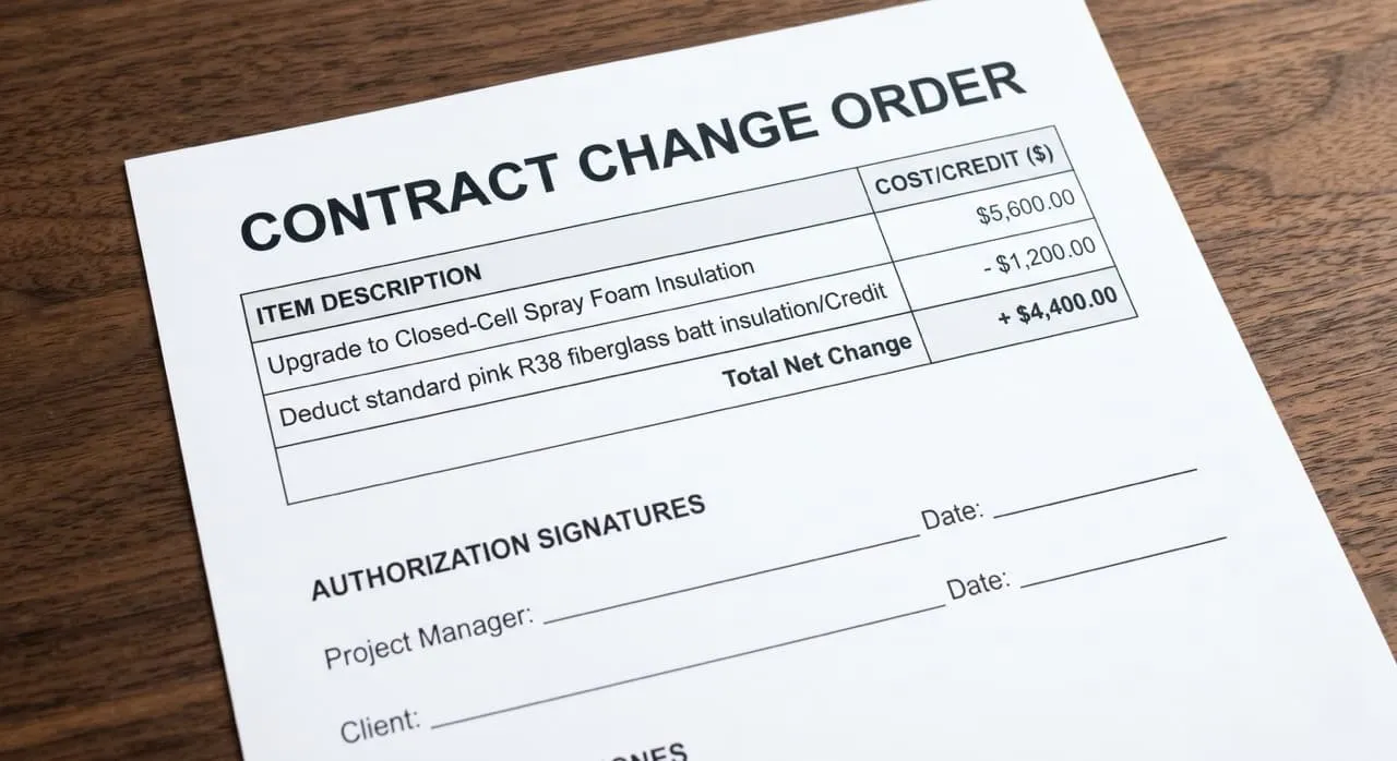 Executed contract change order sheet showing the $4,400 net cost breakdown for the spray foam upgrade with a credit deduction for the removed fiberglass batts