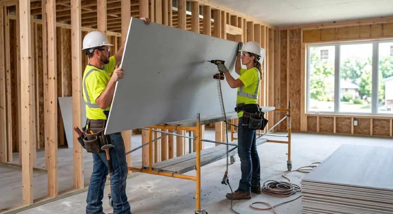 Two drywall installers lifting and securing a large gypsum sheet onto a high wall stud frame using screw guns